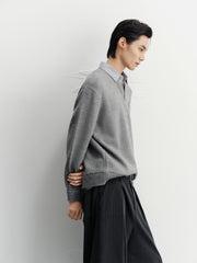 Men's Commuter Grey Faux-Layer Plaid-Collar Knit Top