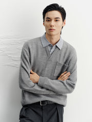 Men's Commuter Grey Faux-Layer Plaid-Collar Knit Top
