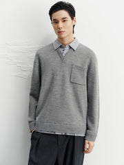 Men's Commuter Grey Faux-Layer Plaid-Collar Knit Top