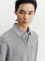Men's Commuter Grey Faux-Layer Plaid-Collar Knit Top