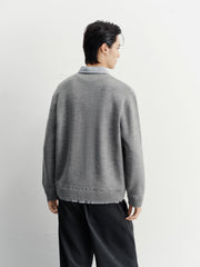 Men's Commuter Grey Faux-Layer Plaid-Collar Knit Top