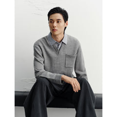 Men's Commuter Grey Faux-Layer Plaid-Collar Knit Top