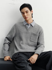 Men's Commuter Grey Faux-Layer Plaid-Collar Knit Top