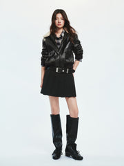 Women's Moto Cropped Padded Jacket with Detachable Fur Colla