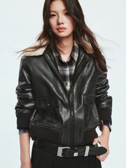 Women's Moto Cropped Padded Jacket with Detachable Fur Colla
