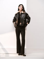 Women's Moto Cropped Padded Jacket with Detachable Fur Colla
