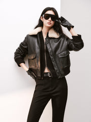 Women's Moto Cropped Padded Jacket with Detachable Fur Colla
