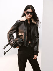 Women's Moto Cropped Padded Jacket with Detachable Fur Colla