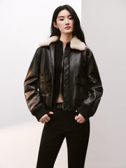 Women's Moto Cropped Padded Jacket with Detachable Fur Colla