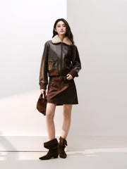 Women's Moto Cropped Padded Jacket with Detachable Fur Colla