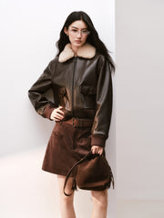 Women's Moto Cropped Padded Jacket with Detachable Fur Colla