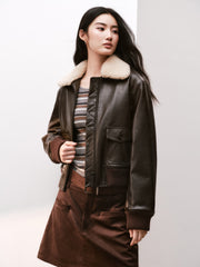 Women's Moto Cropped Padded Jacket with Detachable Fur Colla
