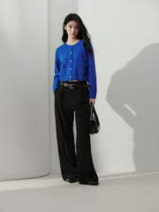 Women's Chanel-Style 100% Wool Blue Knit Cardigan