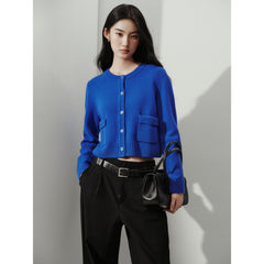 Women's Chanel-Style 100% Wool Blue Knit Cardigan