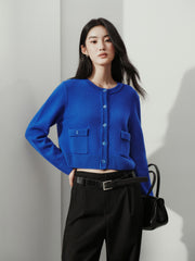 Women's Chanel-Style 100% Wool Blue Knit Cardigan