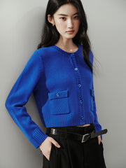 Women's Chanel-Style 100% Wool Blue Knit Cardigan