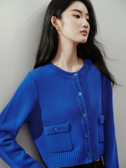 Women's Chanel-Style 100% Wool Blue Knit Cardigan