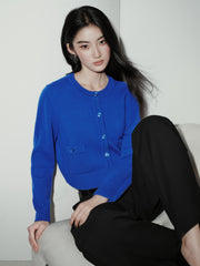 Women's Chanel-Style 100% Wool Blue Knit Cardigan