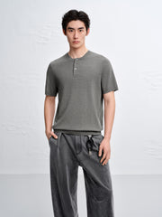 Men's Textured Knit T-Shirt with Henley Collar