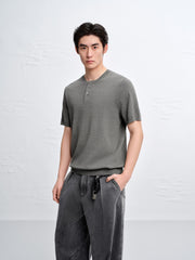 Men's Textured Knit T-Shirt with Henley Collar