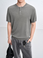 Men's Textured Knit T-Shirt with Henley Collar