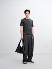 Men's Textured Knit T-Shirt with Henley Collar