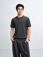 Men's Textured Knit T-Shirt with Henley Collar