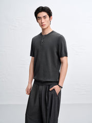 Men's Textured Knit T-Shirt with Henley Collar