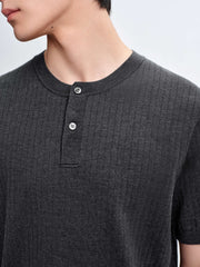 Men's Textured Knit T-Shirt with Henley Collar