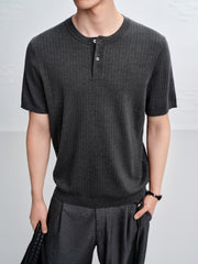 Men's Textured Knit T-Shirt with Henley Collar