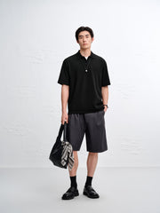 Men's Textured Black Seagull Collar Polo Shirt
