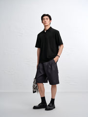 Men's Textured Black Seagull Collar Polo Shirt