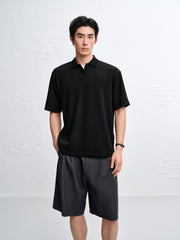 Men's Textured Black Seagull Collar Polo Shirt