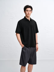 Men's Textured Black Seagull Collar Polo Shirt