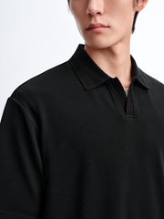 Men's Textured Black Seagull Collar Polo Shirt