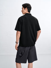 Men's Textured Black Seagull Collar Polo Shirt