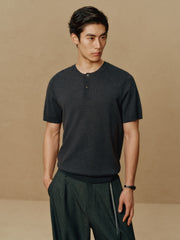 Men's Textured Knit T-Shirt with Henley Collar