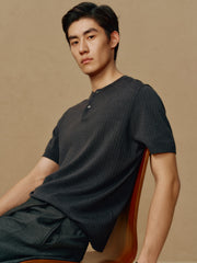 Men's Textured Knit T-Shirt with Henley Collar