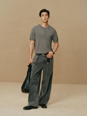 Men's Textured Knit T-Shirt with Henley Collar
