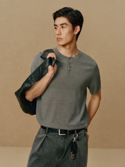 Men's Textured Knit T-Shirt with Henley Collar