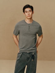 Men's Textured Knit T-Shirt with Henley Collar