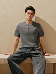Men's Textured Knit T-Shirt with Henley Collar