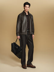 Men's Barn-Style Distressed PU Leather Lapel Jacket