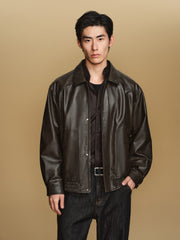 Men's Barn-Style Distressed PU Leather Lapel Jacket