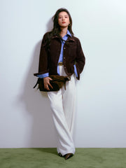 Women's Casual Suede-Finish Waist-Cinching Leather Jacket