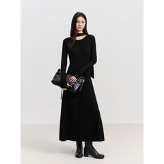 Women's Elegant Commuter Black Long-Sleeve Knit Dress