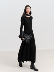 Women's Elegant Commuter Black Long-Sleeve Knit Dress