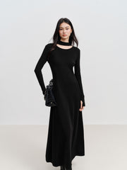 Women's Elegant Commuter Black Long-Sleeve Knit Dress