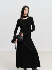 Women's Elegant Commuter Black Long-Sleeve Knit Dress
