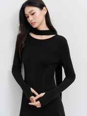 Women's Elegant Commuter Black Long-Sleeve Knit Dress